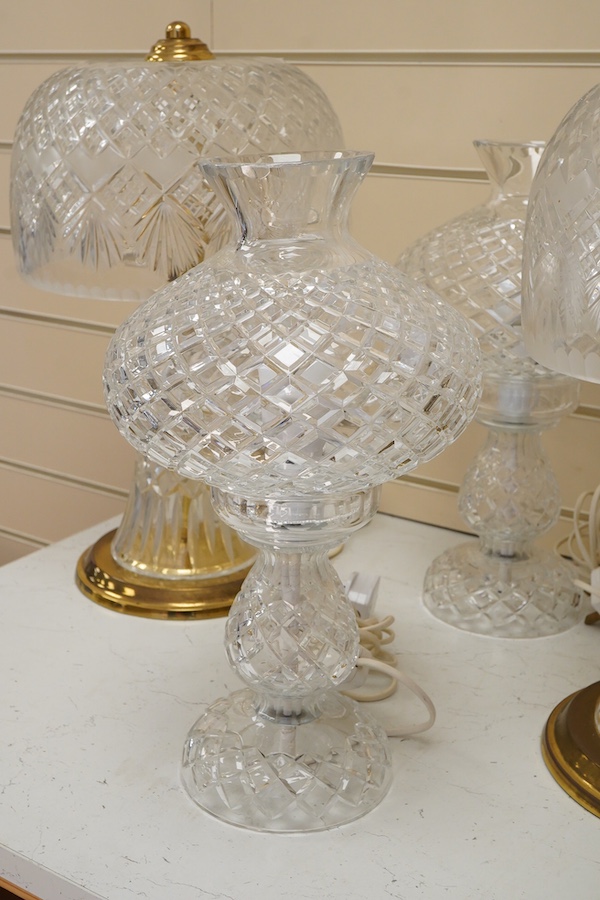 A pair of cut glass mushroom style table lamps and shades and two others, largest 48cm high